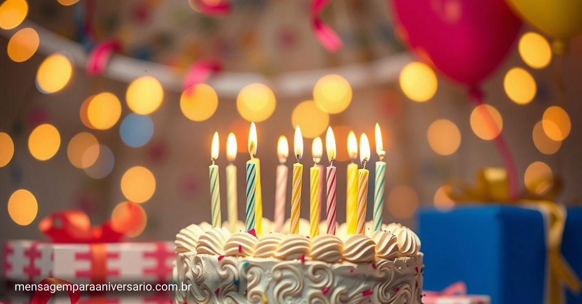Cena festiva de aniversário com bolo, velas, balões coloridos e confetes.