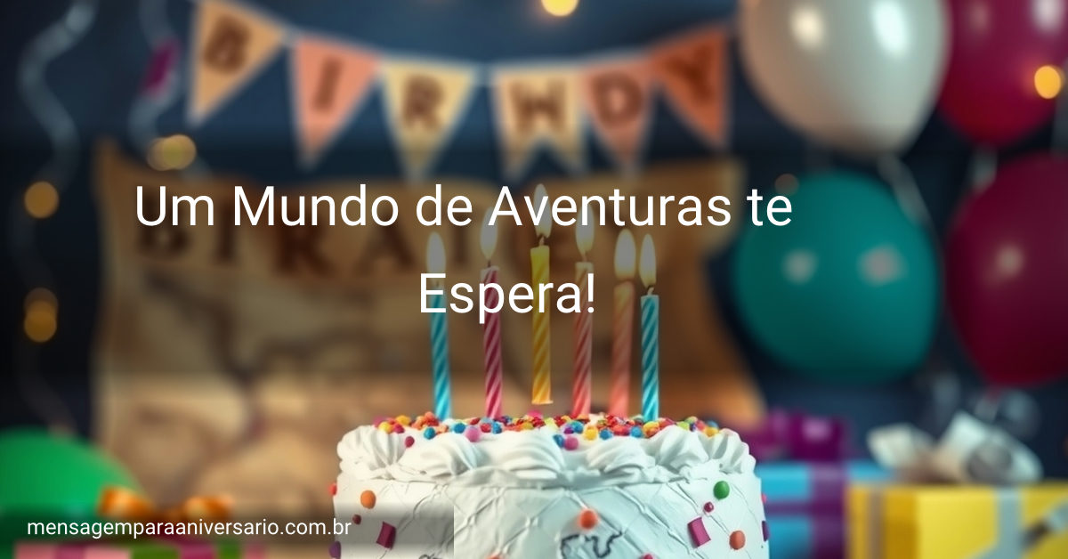 Uma cena festiva de aniversário com tema de aventura, cheia de balões, um grande bolo e um mapa do tesouro.