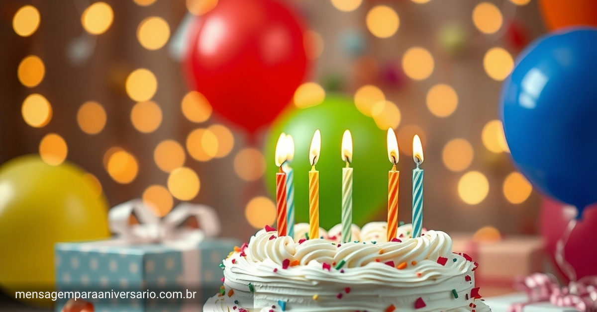 Uma cena festiva de aniversário com um bolo decorado, velas acesas, balões coloridos, confete e luzes desfocadas ao fundo.