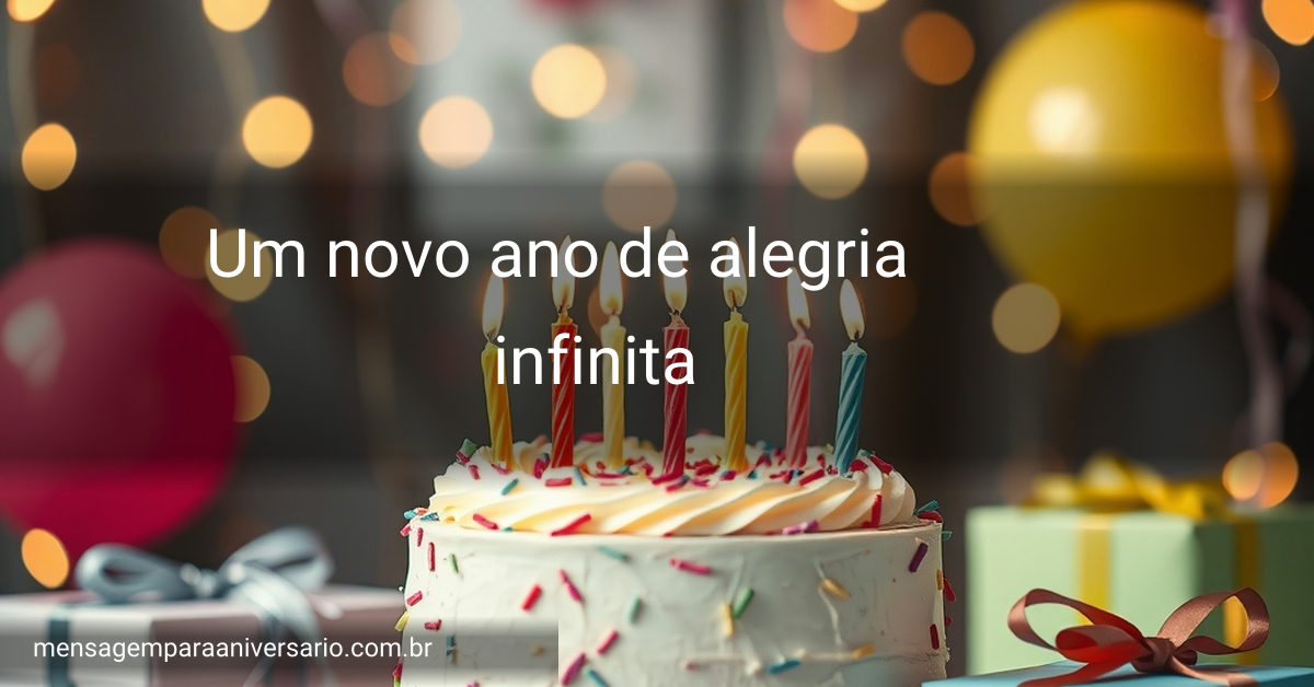 Cena festiva de aniversário com bolo, velas, balões, confete e presentes.