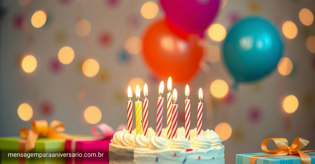 Uma cena festiva de aniversário com bolo, velas, balões, confete e luzes bokeh.
