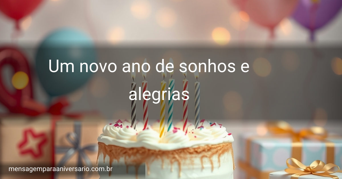Cena festiva de aniversário com bolo decorado, velas acesas, balões coloridos, confete espalhado e presentes, tudo iluminado por luzes bokeh.
