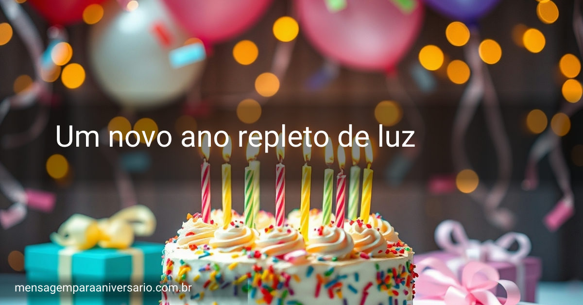 Cena festiva de aniversário com um bolo colorido, velas brilhantes, balões vibrantes, confetes voando e luzes de fadas piscando.