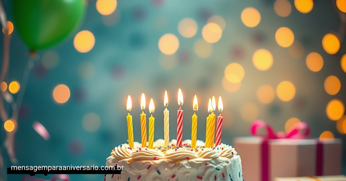 Cena festiva de aniversário com bolo, velas, balões e confetes.