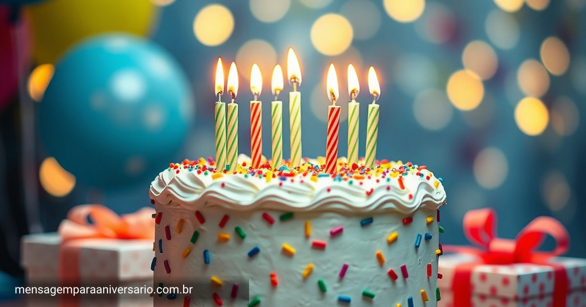 Um bolo de aniversário colorido com velas, rodeado por balões e confetes, com luzes bokeh ao fundo.