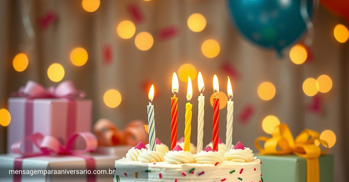 Um ambiente de celebração de aniversário com velas, bolo, balões coloridos e luzes suaves.