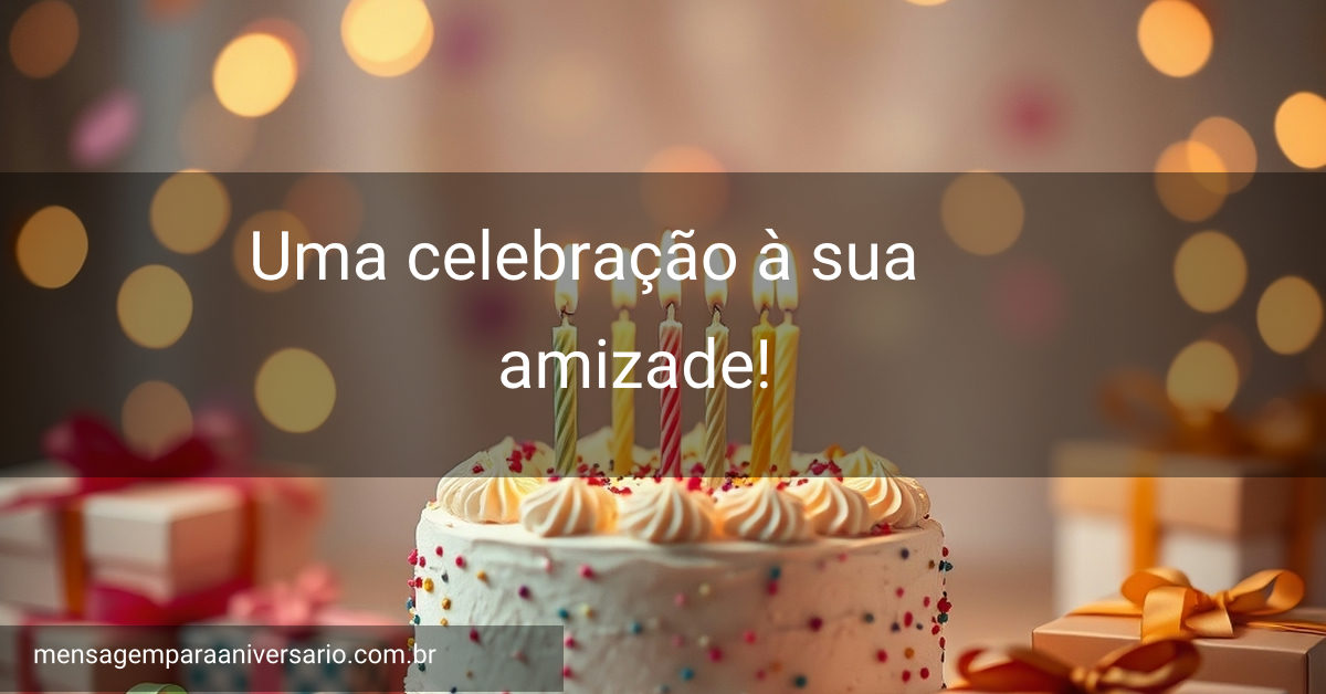 Uma cena alegre de aniversário com um bolo decorado, balões e luzes de fundo.