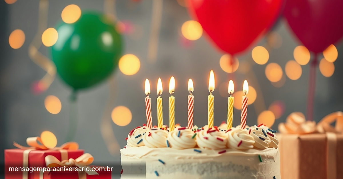Cena festiva de aniversário com bolo, velas, balões e presentes.