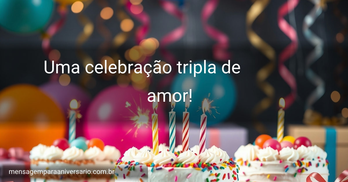 Três bolos de aniversário vibrantes, cercados por balões coloridos, fogos de artifício e serpentinas brilhantes.