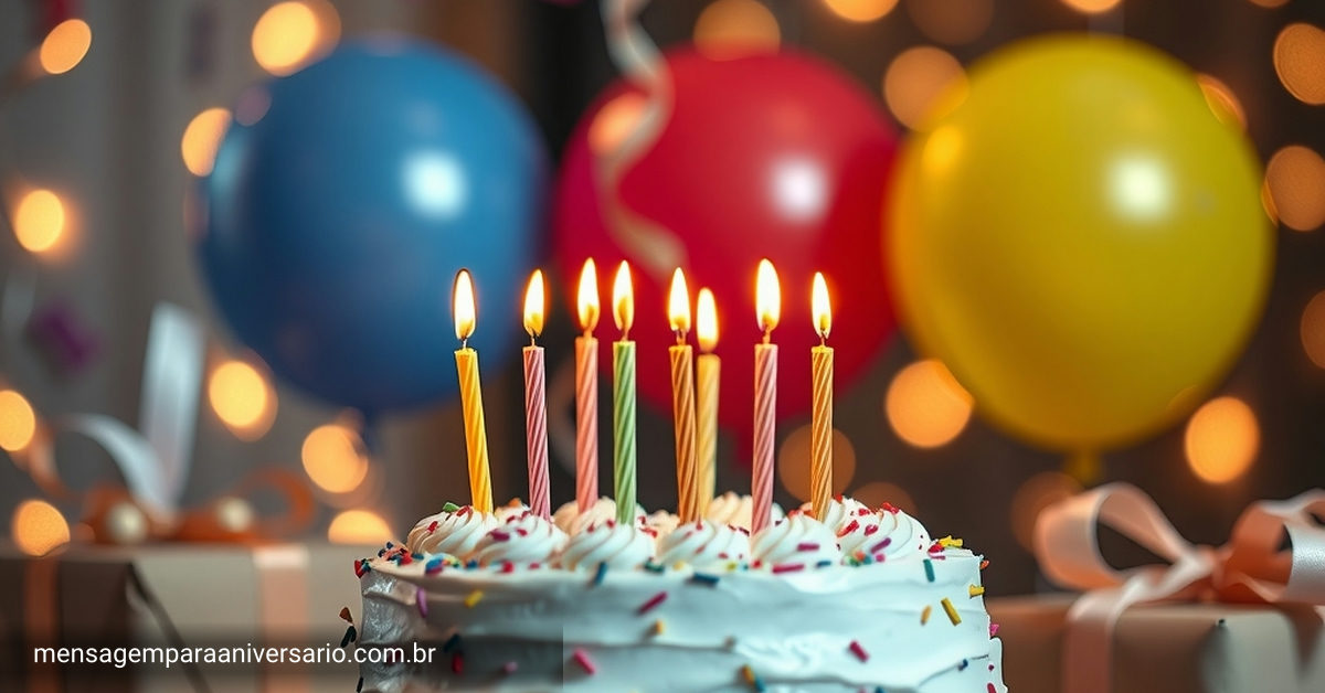 Cenário festivo de aniversário com bolo, velas, balões, confete e presentes.