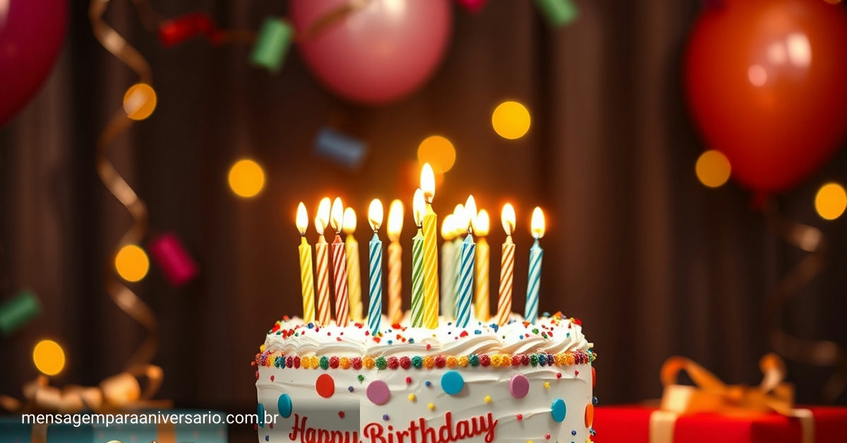 Cena festiva de aniversário com um bolo colorido, velas, balões, confete e luzes bokeh.