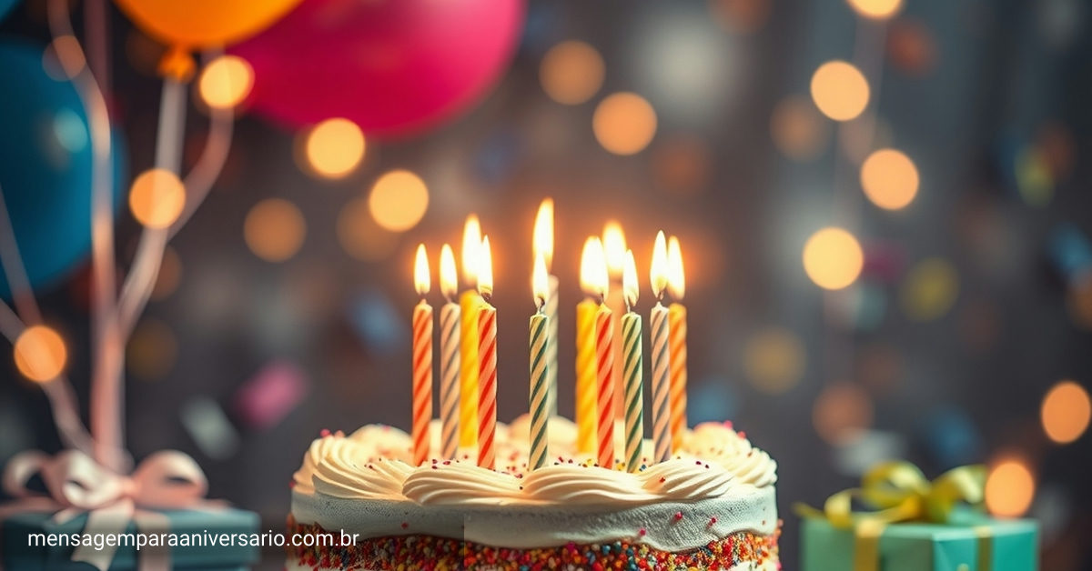 Uma cena festiva de aniversário com bolo, velas, balões, confetes e presentes.