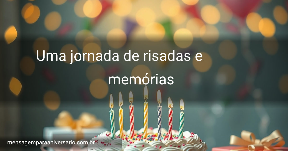 Cena festiva de aniversário com bolo decorado, velas acesas, balões coloridos, confetes espalhados, presentes embrulhados e luzes bokeh ao fundo.