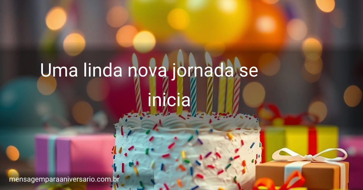 Cena festiva de aniversário com bolo, velas, balões, confetes e presentes.