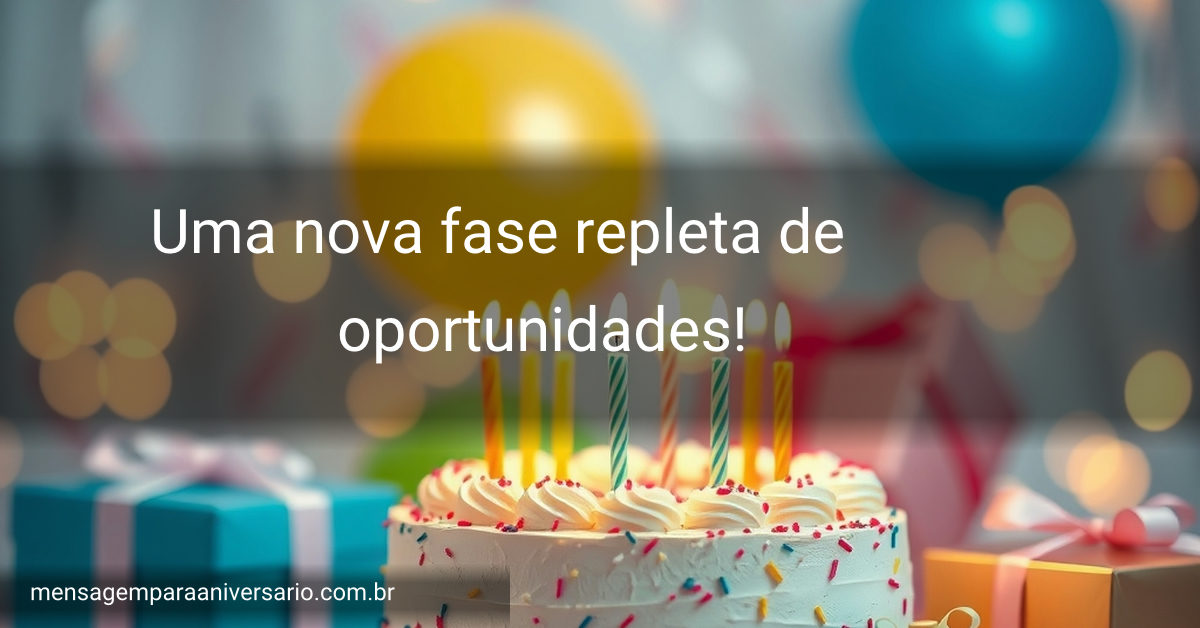 Cena festiva de aniversário com bolo, velas, balões, confetes e presentes.