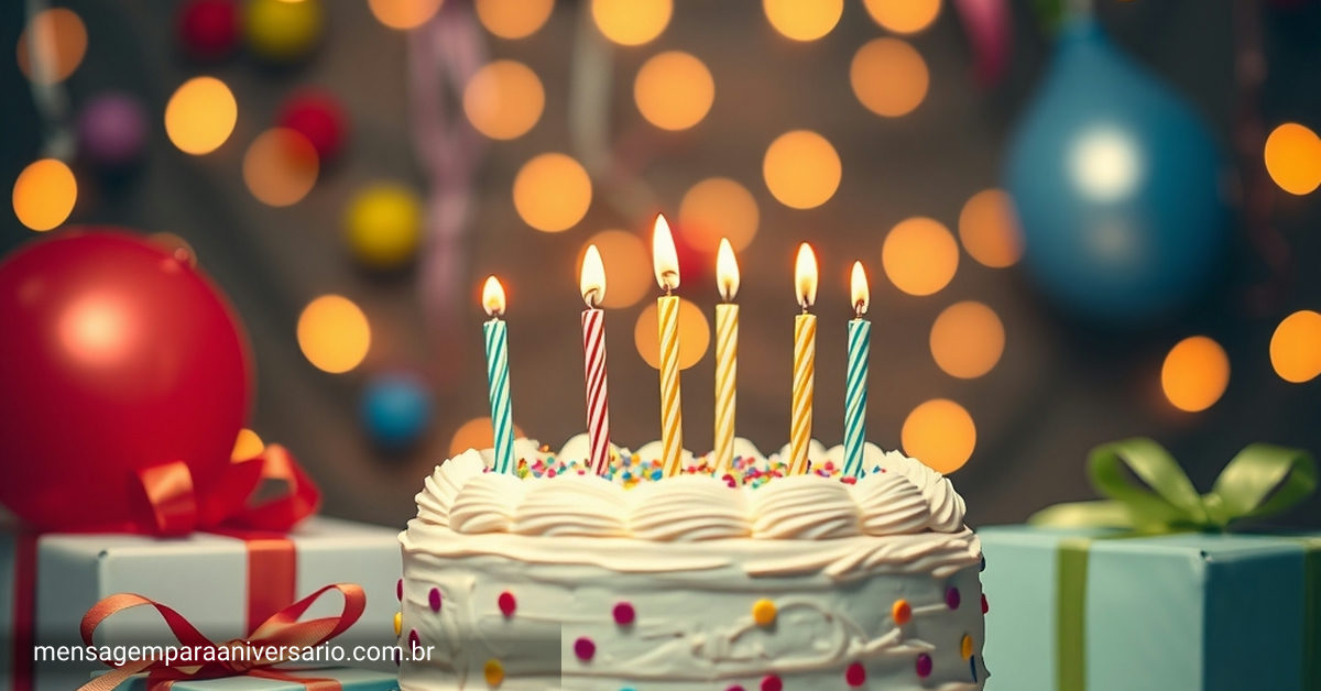 Cena festiva com um bolo bonito, velas acesas, balões coloridos e confetes.