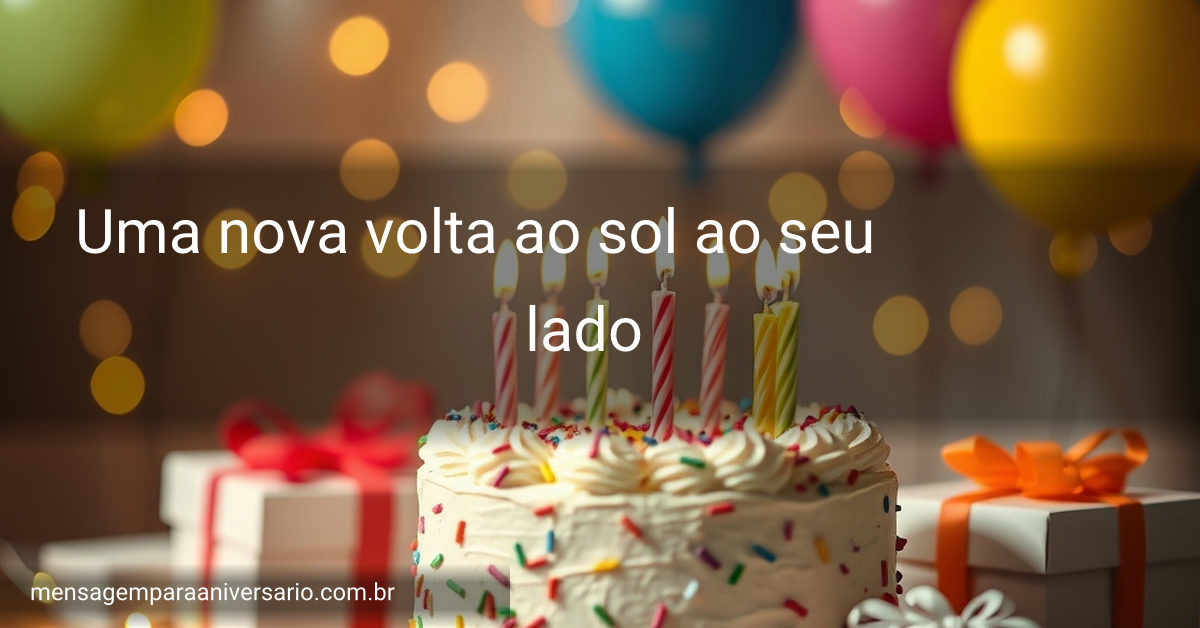 Cena festiva de aniversário com um bolo colorido, velas, balões, confete e luzes brilhantes.