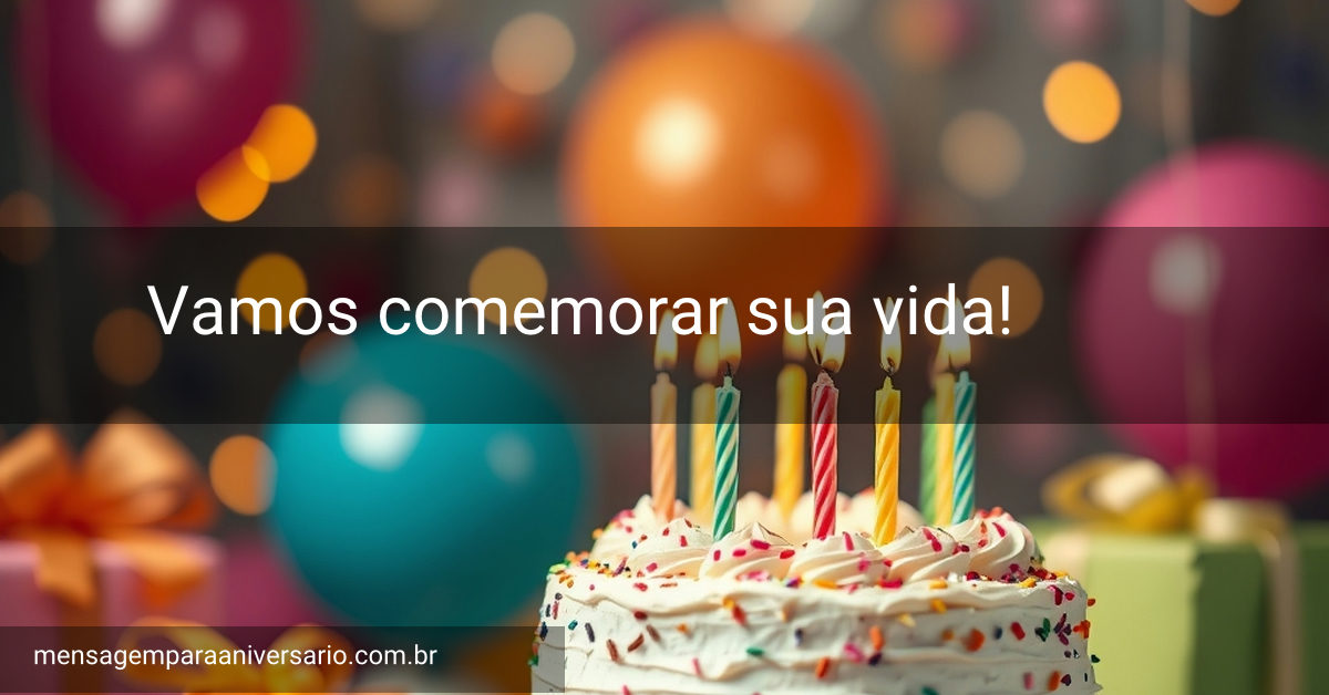 Cena festiva com bolo, balões coloridos e confetes em um ambiente luminoso.