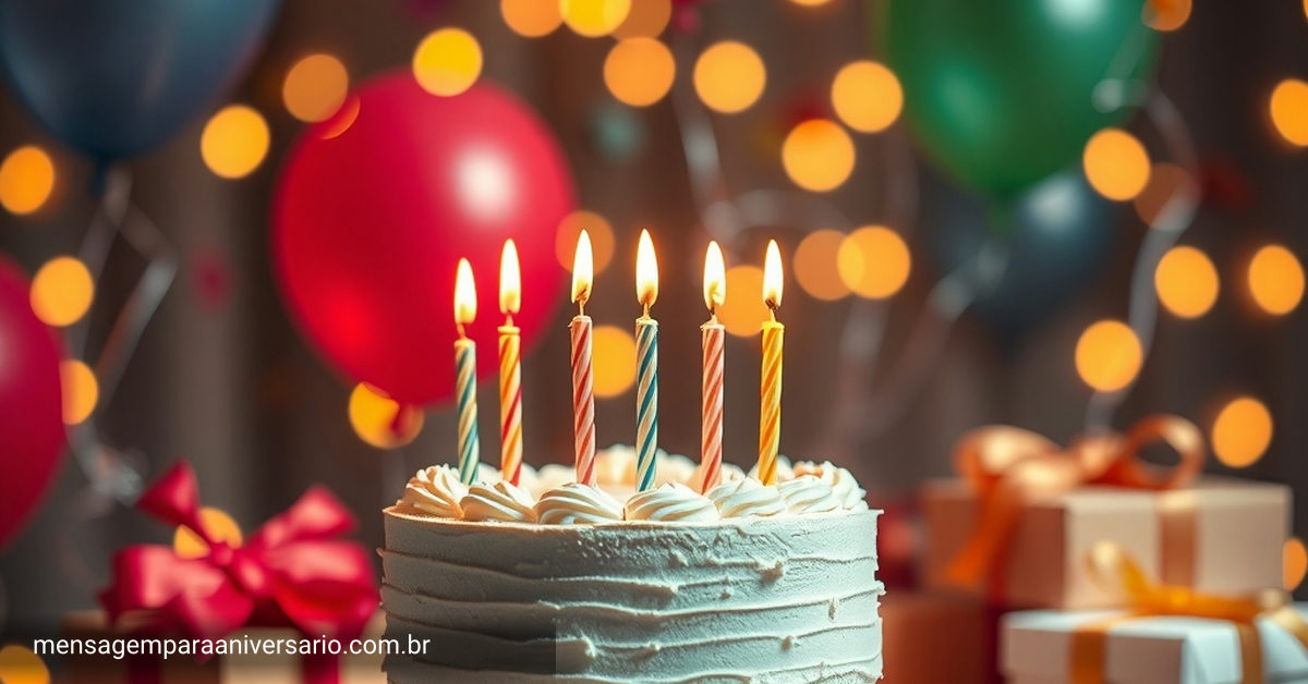 Cena festiva de aniversário com bolo, velas, balões, confete e presentes