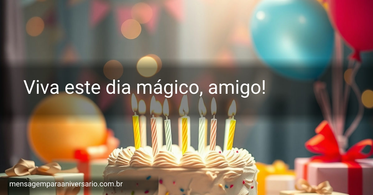 Cena festiva de aniversário com bolo decorado, velas acesas, balões coloridos, confetes e presentes variados.