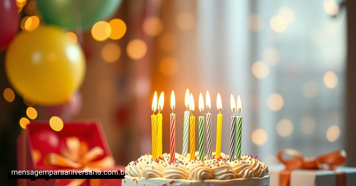Uma cena de aniversário com bolo decorado, velas acesas, balões coloridos, confete espalhado e presentes, iluminada por luzes suaves.