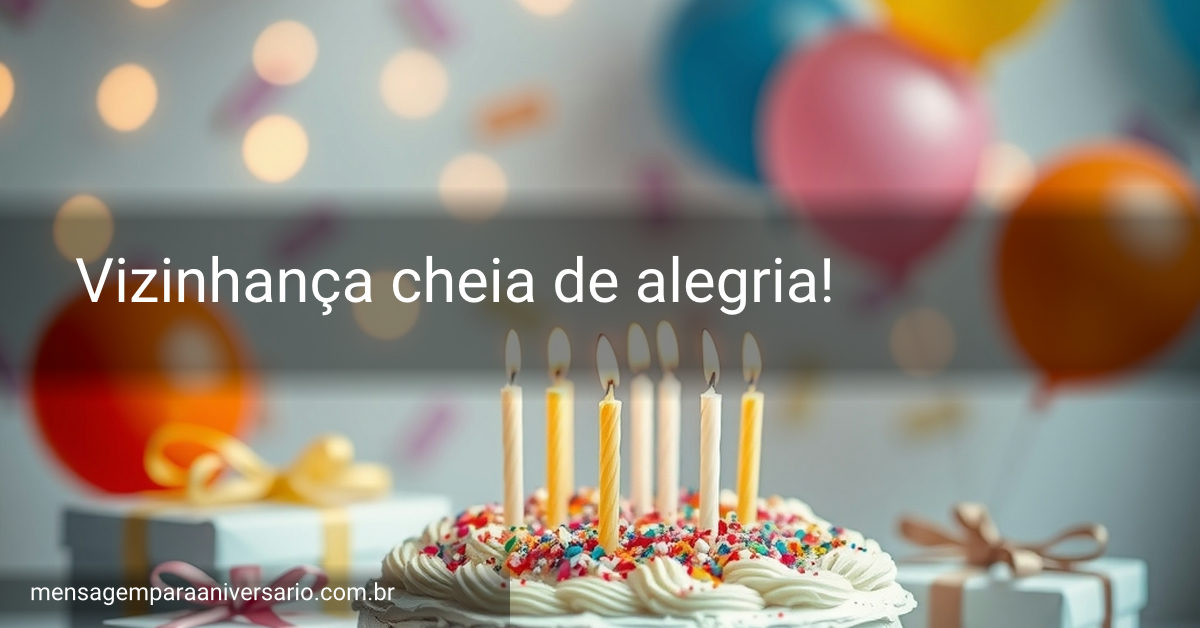Cena festiva de aniversário com bolo, velas, balões, confetes e presentes.