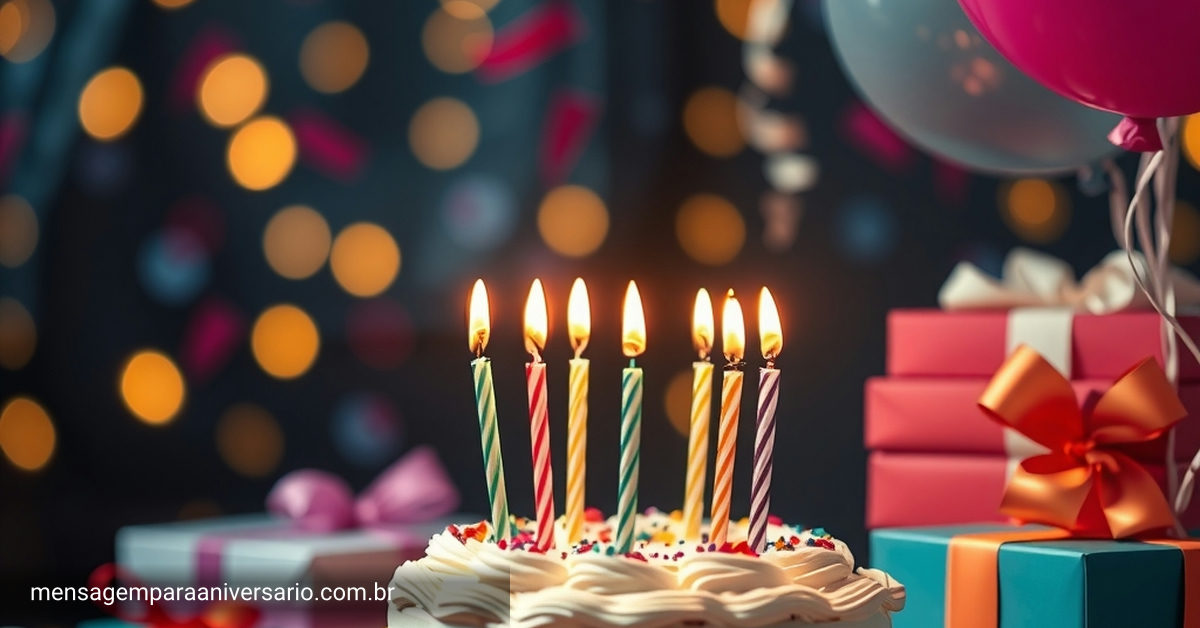 Cena de aniversário com bolo decorado, velas acesas, balões coloridos, confete espalhado e presentes, com luzes bokeh ao fundo.