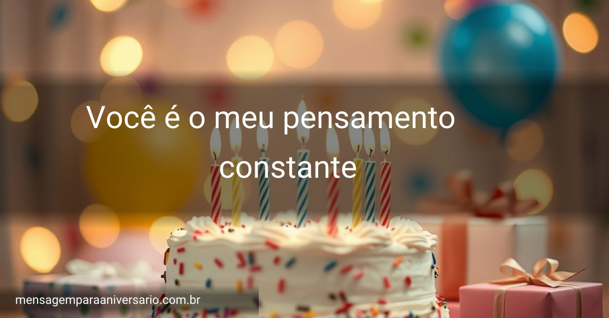 Uma cena colorida de aniversário com bolo, velas, balões e presentes.